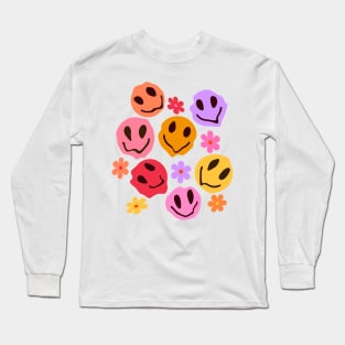 Trippy Melting Smiling Faces with Flowers Long Sleeve T-Shirt